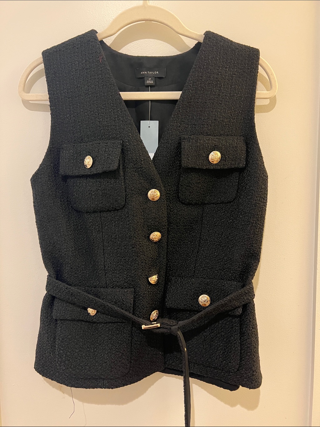 Nwt Ann Taylor Black Tweed Vest With Gold Buttons And Belt